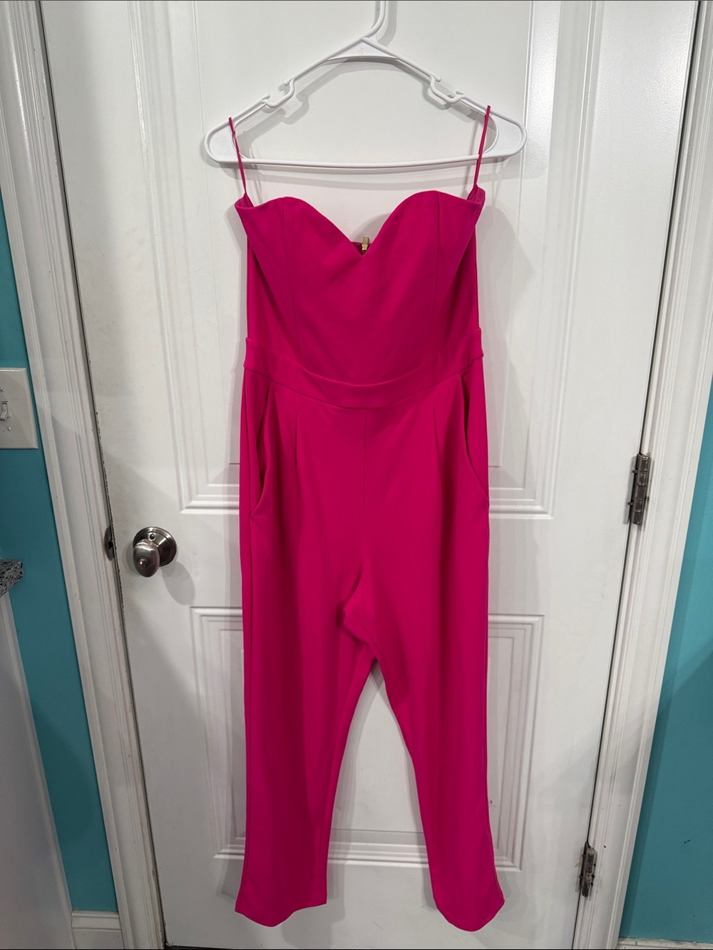 Express Hot Pink Strapless Romper Jumpsuit with Spaghetti Straps